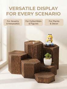 Cirelle 1Set Hexagonal Wooden Tiered Display Stand, Solid Wood With Natural Grain Texture, Staggered Layered Platforms For Figurines, Perfume And Small Trinkets, Multi-Height Storage Rack For Desktop Collectible, Vanity And Tabletop Ornament Arrangement. - multicolor - View 12