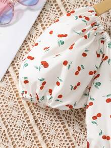 Girls' Spring/Summer Cherry Print Puff Short Sleeve Dress With Large Back Bow, Suitable For Outings And Beach Vacations - Red - View 4