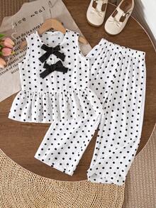 SHEIN Vintaside Kids 少女新款清新田園風精緻碎花兩件套 棕色蝴蝶結裝飾無袖背心上衣 + 寬腿長褲 甜美可愛休閒夏季套裝 - 黑與白 - 查看 6