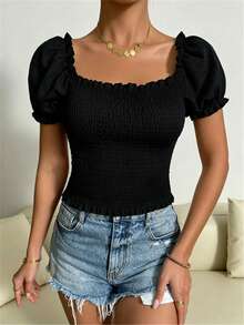 Breezaya Blus Wanita Kasual Musim Panas Warna Polos Lengan Mengembang - Hitam - View 4