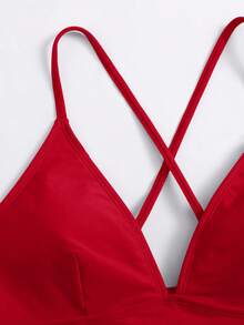 Swim Basics 女款夏季海灘純色交叉背比基尼上衣 - 紅色 - 查看 5