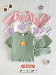 Cozy Pixies Baby Girl 6pcs Set Plant Floral Pattern Knit Soft Round Neck Short Sleeve Pullover Top Elastic Waist Long Pants - Green - View 8