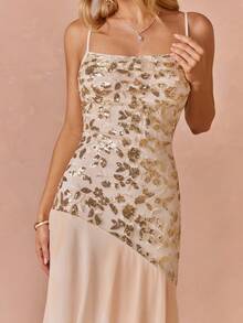 Enchnt Premium Summer Romantic Sexy Women's Elegant Beige Sequin Patchwork Spaghetti Strap Dress, Vacation Dress, Prom Dinner Date Luxury Evening Wedding - Apricot - View 2