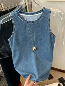 Resyla Women's Casual Denim Print Round Neck Tank Top, Summer - Multicolor - View 3