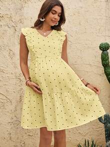 Boho Mama Vestido de maternidad y lactancia con textura de lunares y bajo con volantes - Amarillo - Ver 4