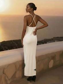 CAJUNI Women's Floral Print Halter Neck Casual Party Travel Long Dress - White - View 2
