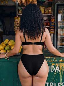 Swim Mod Plus Size Women 2pcs Solid Color Shell Decor Top High Waist Triangle Bikini Set Cute Beach Vacation Minimalist Daily Swimsuit - Black - View 2