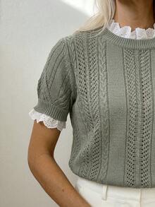 Sprig & Strand Women's Spring/Summer Round Neck Lace Trim Patchwork Design Elegant French Sweet Date Office Brunch Fitted Knit Pullover Top Sage Green - Green - View 6
