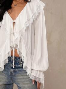 SHEIN BAE Women's Solid Color Ruffle Front Tie Contrast Lace Fashion Shirt - White - View 8