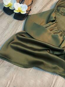 Franclia Plus-Size Elegant And Sexy Deep V Backless Satin Dress-The Perfect Choice For Vacation Parties. - Olive Green - View 5
