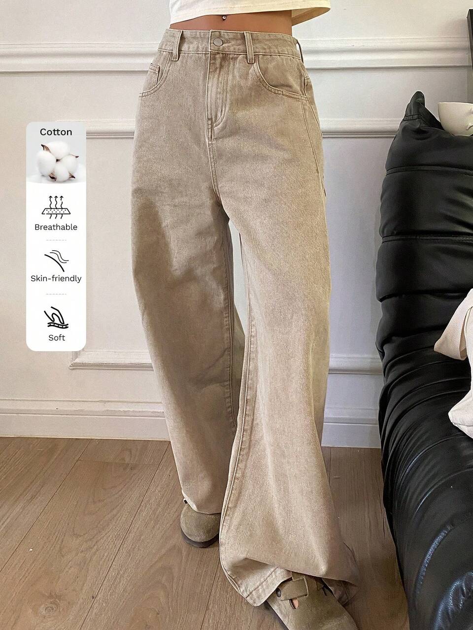 Women's Flared Jeans,Bleach Wash Distressing Wide Leg Long Jeans,Khaki Curvy Loose Fit Button Pocket Zipper Denim,Summer Casual Daily City Break