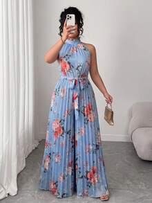 SHEIN LUNE CURVE 大尺碼女款淺藍色碎花百褶掛脖寬腿連身褲，附腰帶，適合夏季婚禮派對度假正式優雅場合 - 霧霾藍 - 查看 6