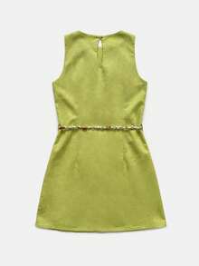 lacRébo Elegante vestido mini de lino verde de corte holgado con cinturón de cuentas estilo bohemio, estilo francés para vacaciones de verano - Beis - Ver 8