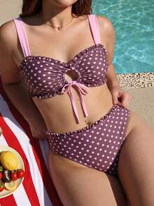 Swim Mod 2026 New Spring/Summer Plus Size 2-Piece Bikini Set Set For Women, Brown Base With Pink Polka Dot Random Print Top And Pink Solid Color Shoulder Strap Large Scoop Neck Bottom, Suitable For Beach And Vacation Wear - Multicolor - View 5
