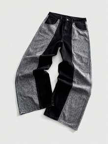 ROMWE MEN Street Life Men's Leopard Print Colorblock Patch Pocket Button Denim Long Pants - Multicolor - View 1