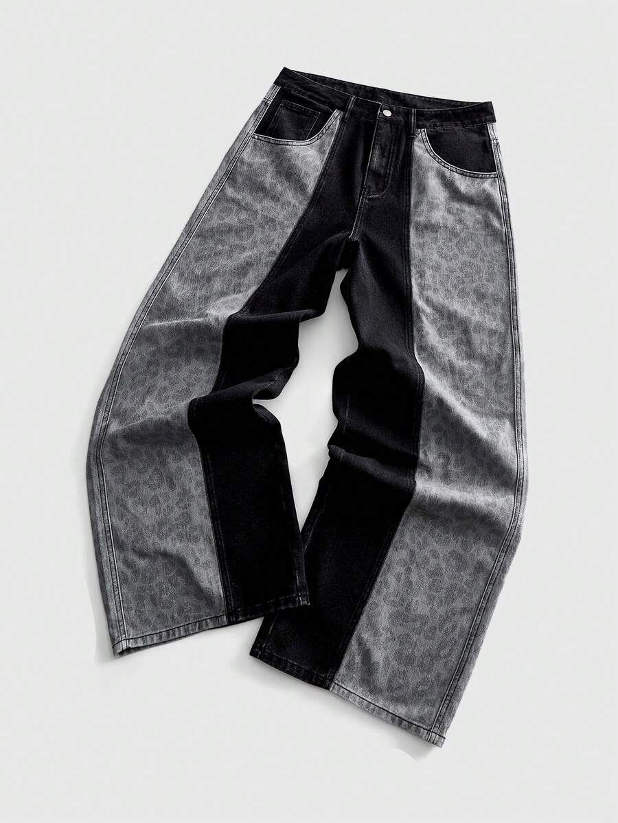 ROMWE MEN Street Life Men's Leopard Print Colorblock Patch Pocket Button Denim Long Pants - Multicolor - View 1