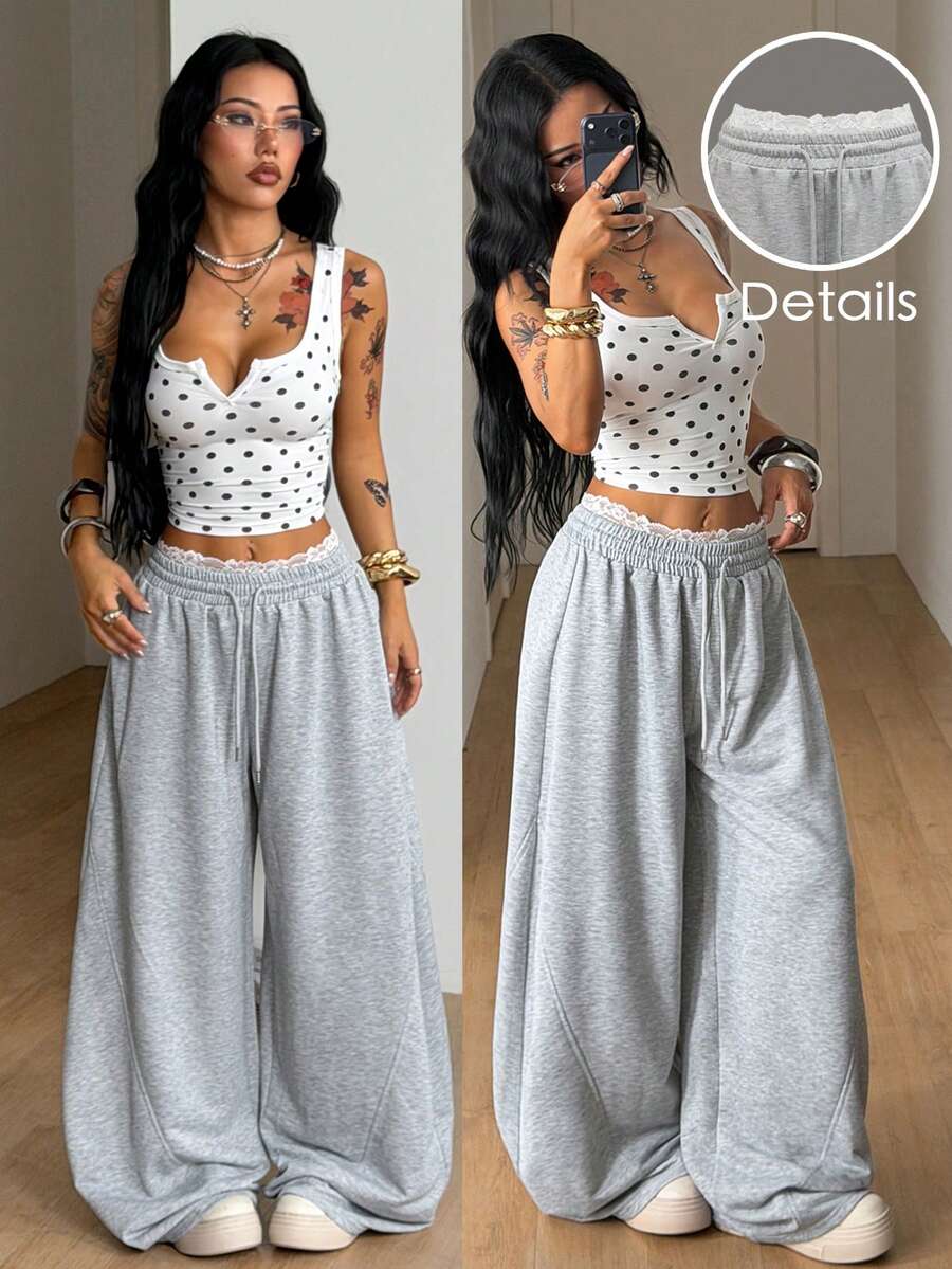 Coolane 女款夏季街頭風外出休閒套裝，寬鬆彈性腰帶舒適灰色彎刀褲