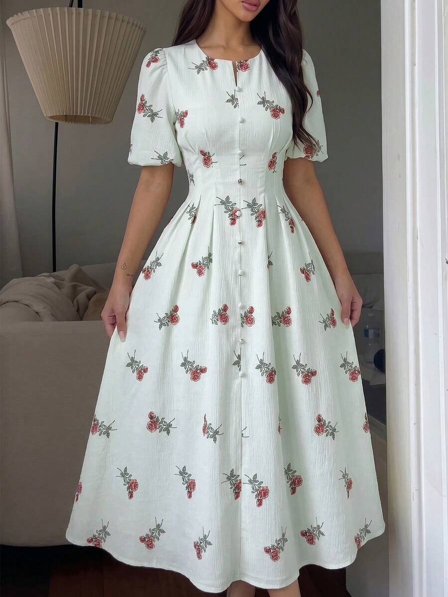 Modelyn A-Line Waist Cinching Floral Print Short Sleeve Dress, Spring/Summer Floral Dress Summer Dresses For Women Summer Outfits - Blue - View 1