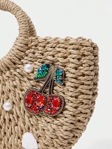 SHECARRY Women's Fashionable Straw Woven Small Round Bucket Handbag, Diamond Cherry Beaded Coconut Tree And Other Decorations, Seaside Vacation Beach - Cherry - View 6