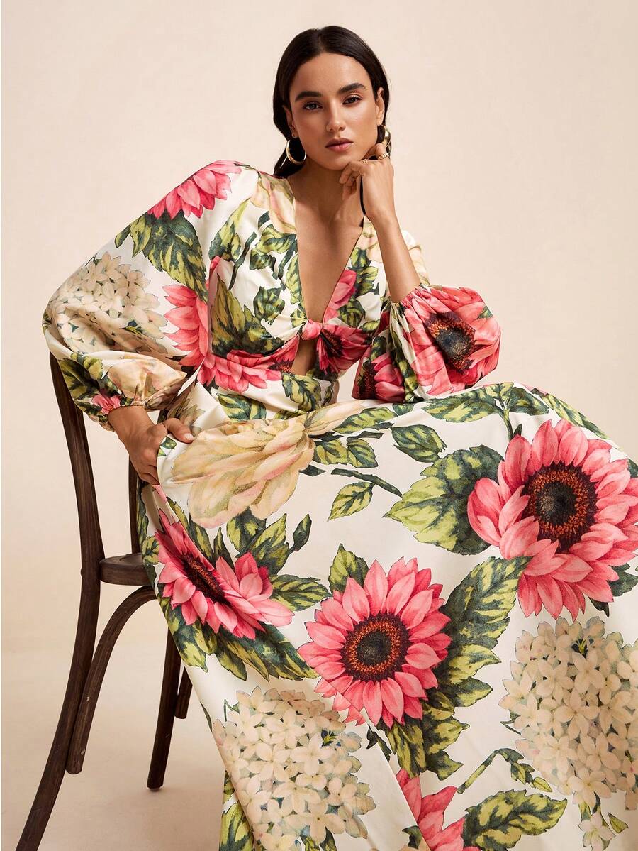 LOTSLUV Damen Herbst Hochzeit, Rosa und Weiß Polka Dot Blumen Tropen Allover Muster, V-Ausschnitt Langarm Twist Knoten Kleid, Elegant Romantisch Urlaub - Verschiedenfarbig - Übersicht 1
