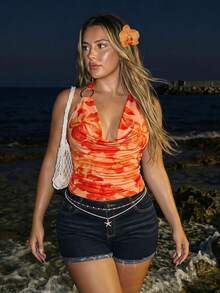 SHEIN ICON Plus Size Floral Print Ruffle Neck Backless Halter Top Beach Vacation Orange Summer - Orange - View 2