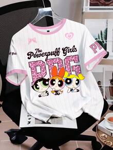 THE POWERPUFF GIRLS X SHEIN 女士字母卡通印花休闲圆领短袖T恤，夏季 - 白色 - 查看 8