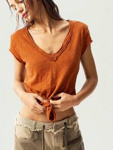 Bohemela Damen T-Shirt für Sommer und Ostern, einfarbig gestrickt, V-Ausschnitt, Kurzarm, figurbetont, gewaschen - Orange - Übersicht 5