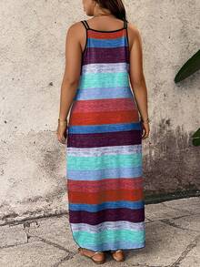 Breezaya Spring Summer Autumn Casual Comfortable Striped Fabric Shoulder Strap Design Multi-Color Plus Size Dress - Red - View 2
