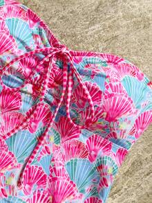Swim Vcay 2件/組 夏季新款花卉印花兩件式比基尼套裝，甜美櫻桃格紋比基尼泳裝褲，休閒度假、婚禮與活動、花卉泳衣、朱槿泳衣、情人節 - 淺藍色 - 查看 5
