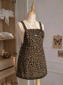 Comfortcana Plus Size Women's Leopard Print Letter Graphic Denim Overall Dress - Brown - View 3
