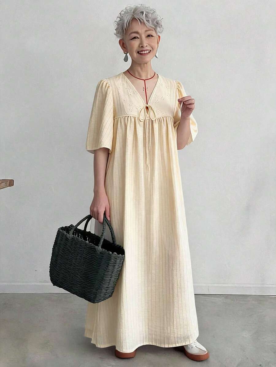 FRIFUL 女款純色百褶休閒極簡長洋裝,適合派對與旅行 - 杏色 - 查看 1