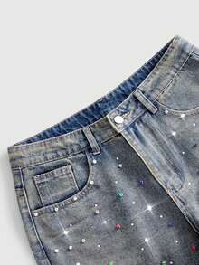 ROMWE MEN Street Life Celana Pendek Denim Pria dengan Hiasan Berlian Imitasi Warna-warni dan Saku Kancing - Biru - View 3