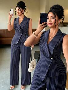 SHEIN Clasi Plus Size Women's Summer Fashion Elegant Commute Striped Sleeveless Top Wide Leg Pants 2pcs Set Formal Office Navy Blue - Navy Blue - View 8