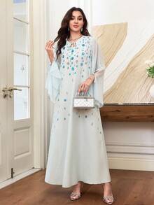 Al Najma Spring/Summer Fashion Elegant Blue Dress With Chiffon Sleeves And Tie, Loose And Long - Blue - View 5