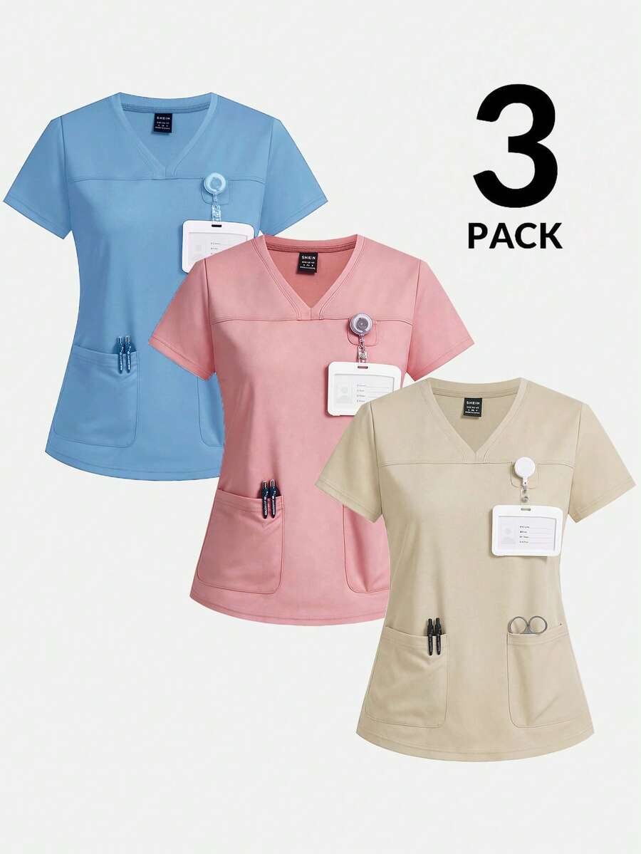 TaskEZ Solid Color V-Neck Short Sleeve Dual Pocket Scrub Uniform Top - Multicolor - View 1