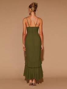 COSMINA Women's Elegant Ruffle Short Sleeve Round Neck Long Dress For All Seasons, Valentine's Day, Date, Party - Army Green - View 6