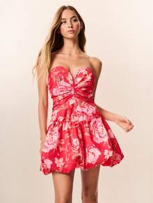 Willow Rêve Women's Red Strapless Romantic Rose Puff Mini Dress, Boho Style, Romantic Vacation Style - Multicolor - View 4