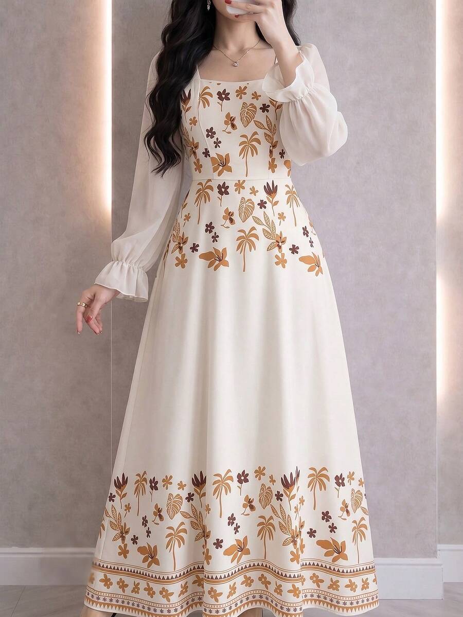 Modelyn 龜背葉、椰子樹與扇形棕櫚葉印花大尺碼女裝洋裝,時尚方領燈籠長袖長版洋裝,夏季收腰優雅長裙,花卉圖案淺杏色洋裝,適合夏季度假與日常穿著 - 彩色 - 查看 1