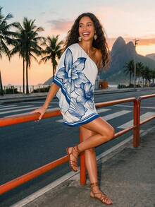 CAJUNI Women's Floral Print One Shoulder Casual Date Party Mini Dress - Blue and White - View 1
