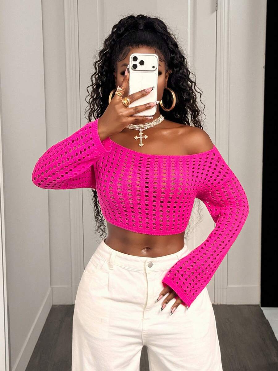 BamGleam Women's Hot Pink Knit Sweater Top, Hollow Out Crochet Off-Shoulder Asymmetric Long Sleeve Spring Autumn Winter Casual Sexy Street Style Cropped Top