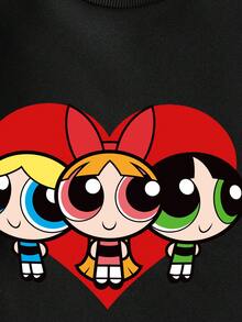 THE POWERPUFF GIRLS X SHEIN 少女休闲花朵、泡泡、毛茛图案圆领长袖卫衣，适合秋冬季情人节穿着 - 黑色 - 查看 4