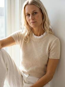 Sprig & Strand Women's French Gentle Style Light Beige Round Neck Lace Patchwork Short Sleeve Knit Top Spring/Summer Teachers' Day Office Basic Minimalist Modest - Apricot - View 5