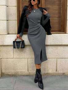 INAWLY Casual Solid Color Fitted Long Sleeve Split Midi Dress For Women - Grey - View 4