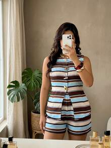 Auralis Summer All-Season Navy Blue Striped Knit Stretch Printed Pattern Plus Size Women's 2 Pieces Blazer Set Elegant Casual Commute Vacation Beach Brunch - Multicolor - View 8