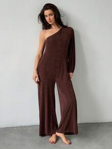 Livesso Women's Solid Color One-Shoulder Casual Daily Home Wear Jumpsuit Long Pants Pajamas - Coffee Brown - View 4