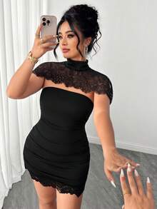 SHEIN Clasi Plus Size Women's Spring Summer Detachable Collar Lace Splicing Stand Collar Slim Dress Suitable For Cocktail Sexy Formal Elegant Black - Black - View 7