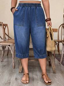 SHEIN CURVE+ Plus Size Women's Pocket Elastic Waist Casual Versatile Daily Travel Denim Jeans Date Night Mana Concert Navy Blue Summer - Dark Wash - View 5