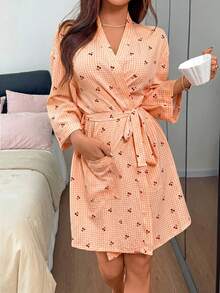 Napfluff Women's Casual Cherry Plaid Print Open Front Robe - Orange - View 7