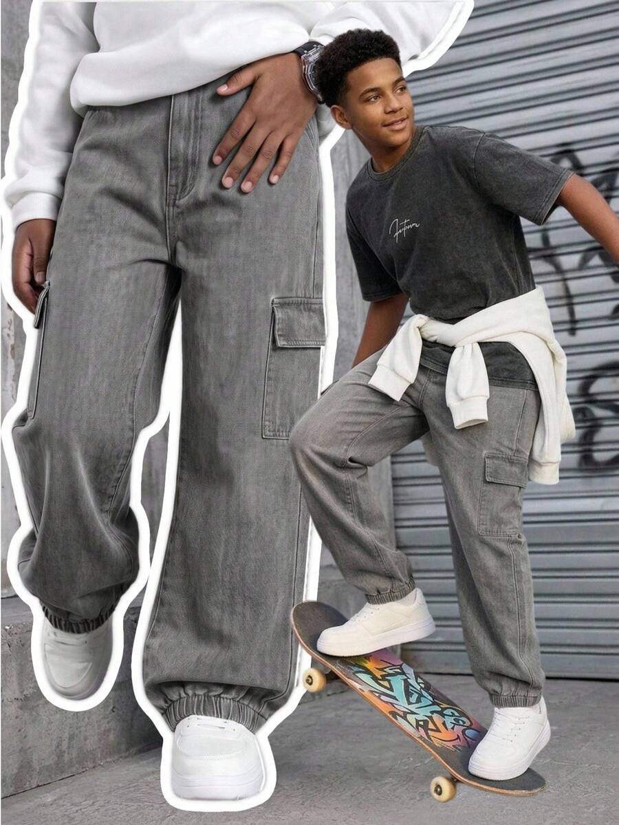 SHEIN Teen Boys Y2K Loose Streetwear Fashion Light Gray Cargo Pocket Straight Leg Cuffed Soft Denim Jeans, Casual School Spring Autumn Back To School