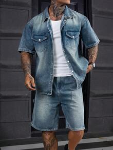 DAZY Blue Washed Denim Short Sleeve Top And Shorts Set For Men - Blue - View 6